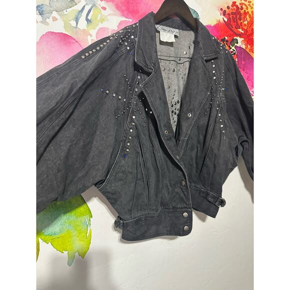 Vintage Lillie Rubin Women Black Studded Rhinestone Cropped Jean Jacket 70s 80s - Picture 3 of 5